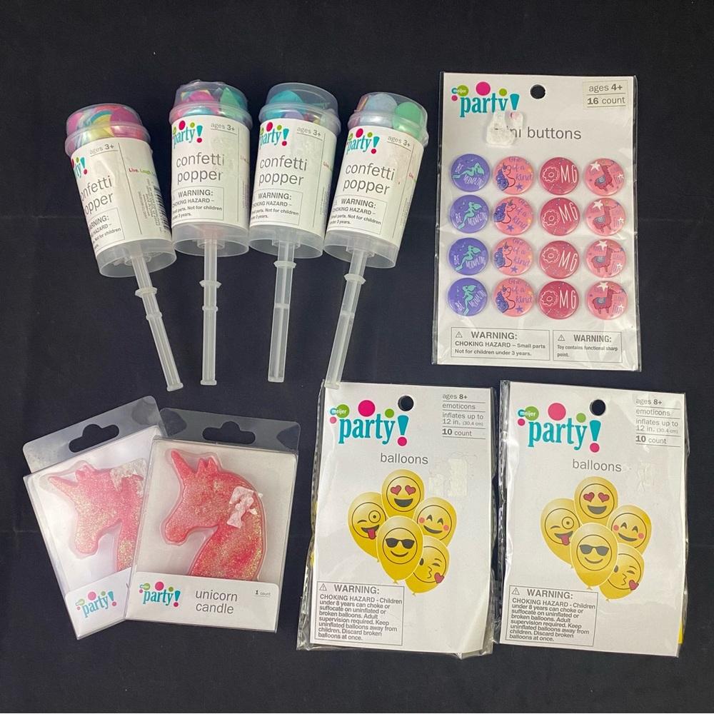Kids Birthday Party Bundle Unicorn Candle Buttons Balloons Confetti Poppers A1